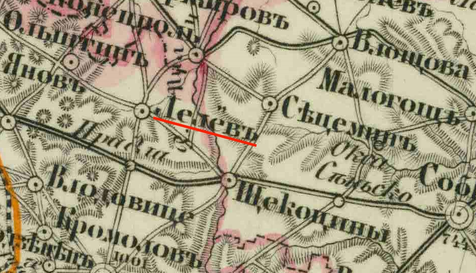 Fragment mapy Królestwa Polskiego — Lelów i okolice, 1862