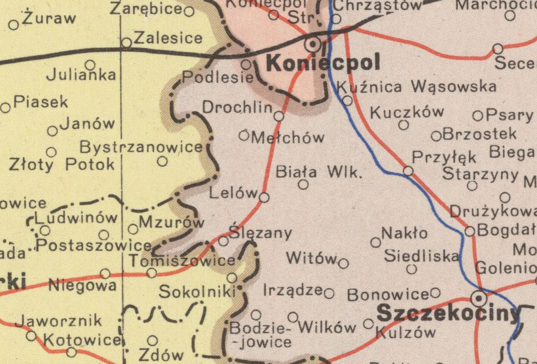 Fragment mapy administracyjnej Polski — Lelów i okolice
